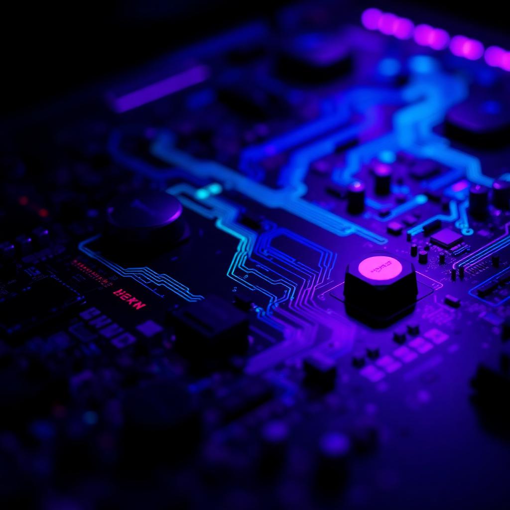 Macro shot of a laptop motherboard with glowing indigo and cyan circuit traces